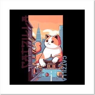 Catzilla Japanese Funny Cat Kawaii Parody Vintage Catzilla Posters and Art